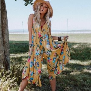 Just Because Tropical Print Jumpsuit - Mustard